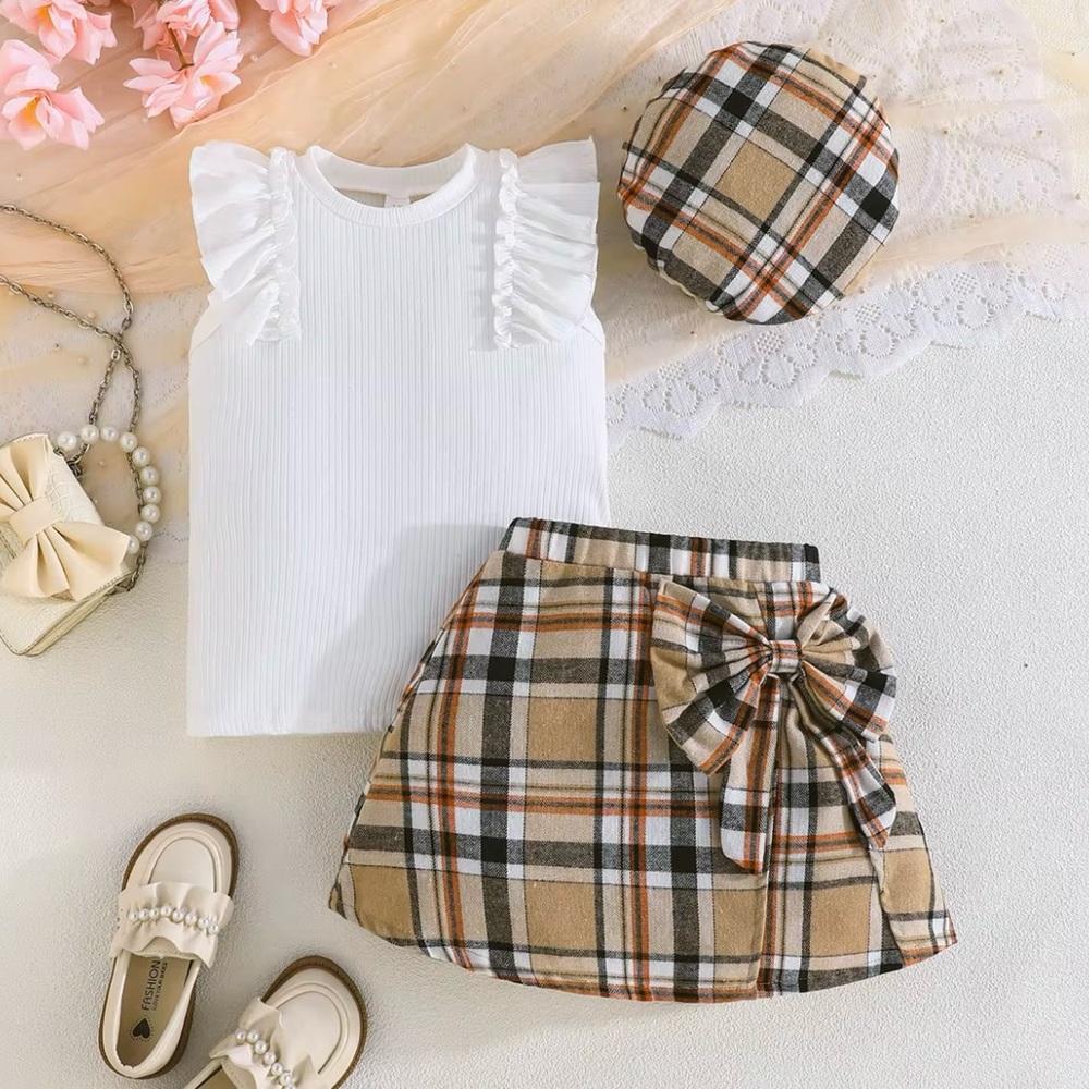 White Ruffle Top and Plaid Skirt Set